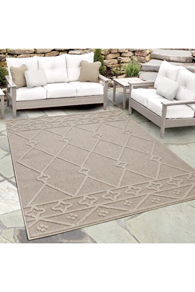 Pixel Boho Desenli Bej Salon Halısı, Mutfak Halısı, Yolluk, Dış Mekan Halısı