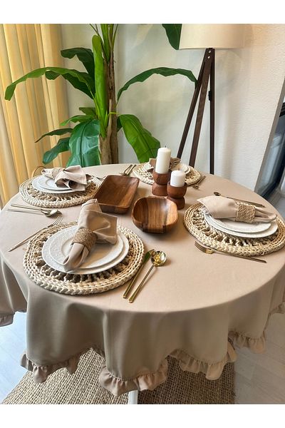 Decamor home Vintage Beige Frilly Round Table Cloth Water Repellent Stain Resistant Worry Free Fabric