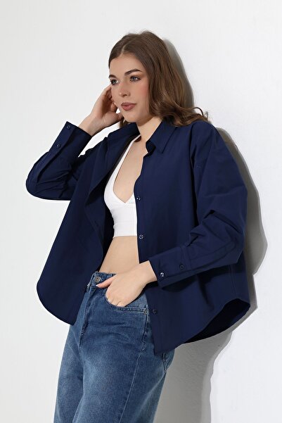 Qvien Secret Poplin Ženska košulja od tkanine, tamnoplava, široka i udobna kr...