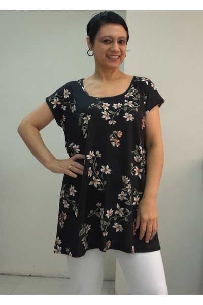 Mertcan Butik Μαύρο πράσινο λουλούδι με στάμπα μεγέθους ολόκληρο μπλουζάκι από βισκόζη από βαμβακερό χτενισμένο χαμηλό μανίκι