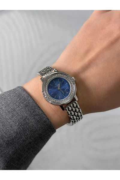 RoseandRoses Celeb Stoned Round Case Stylish Women's Wristwatch Silver Color (Navy Blue Dial)