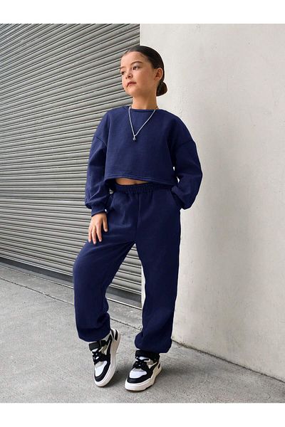 poswicon Navy Blue Female Child Short Bottom Top Suit Sweatshirt