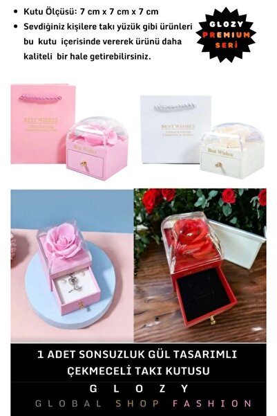 GLOZY Premium Seri Özel Yüzük Kolye Ahşap Plastik Gül Şeklinde Şık Çekmeceli ...