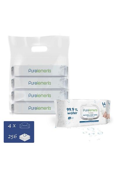 Purelements مناديل طبيعية تحتوي على 99.9% من الماء - عبوة من 4 قطع - 256 قطعة