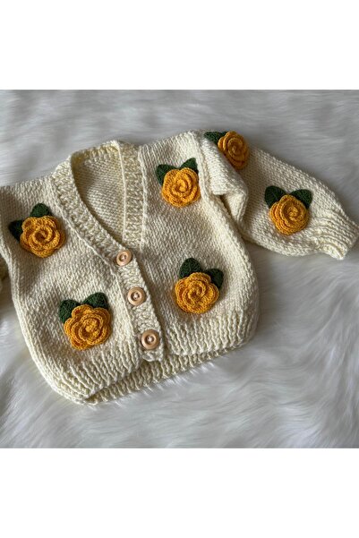 Home Gül Motifli El Örgüsü Bebek Çocuk Hırka Ceket