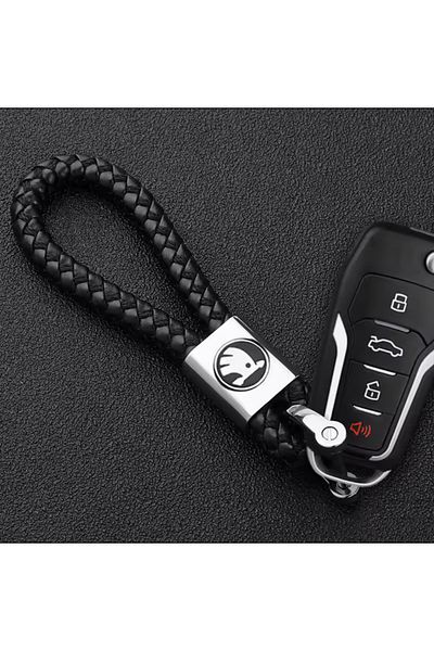 RoseTR Black Leather Braided Keychain Compatible with Skoda Fabia, Kodiaq, Kamiq, Octavia Superb