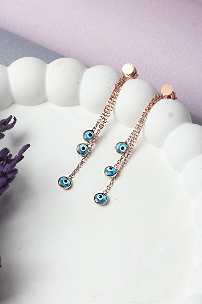 BY BARUN SİLVER Nazar Küpe Sallantılı Nazar Boncuklu Mavi Göz Yuvarlak 925 Ayar Çivili Zincir Gümüş Küpe