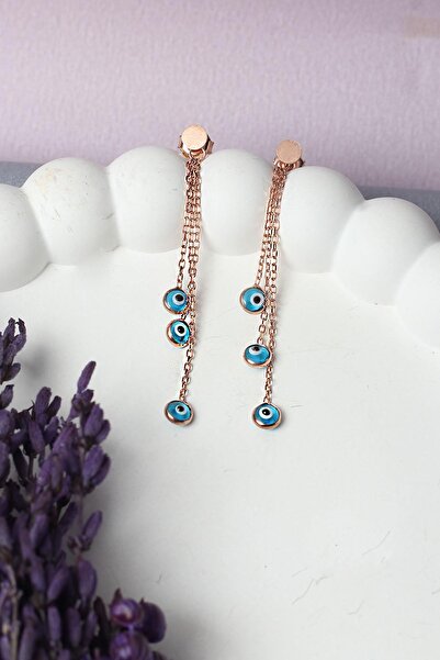 BY BARUN SİLVER Nazar Küpe Sallantılı Nazar Boncuklu Mavi Göz Yuvarlak 925 Ayar Çivili Zincir Gümüş Küpe