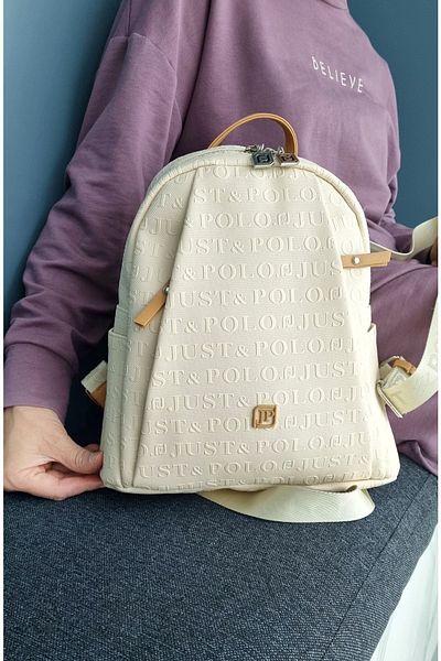 çantamgelsin Women's Embossed Printed Backpack with 9 Cream Compartments