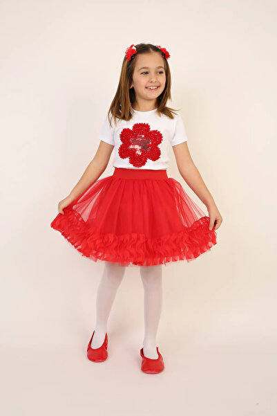 NOBLE STORE Kız Çocuk Kırmızı Çiçekli Tişört Kırmızı Ucu Dalgalı Etek Takım 23 Nisan 29 Ekim Gösteri Kıyafeti