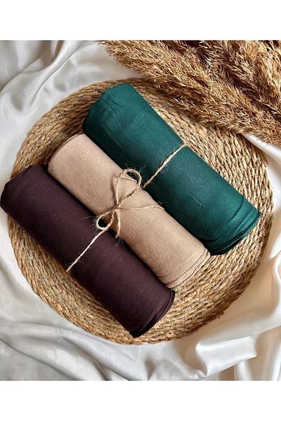 FLORA TEKSTİL Aci Coffee, Beige, Zimpered Green 3-Piece Combed Cotton Shawl Set - Sal2312
