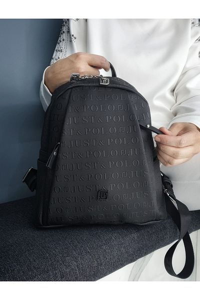 çantamgelsin Just Polo Women's Black 9 Compartment Embossed Printed Backpack and Wallet Combination