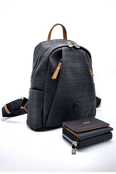 çantamgelsin Just Polo Women's Black Tan 9 Compartment Embossed Printed Backpack and Wallet Combination