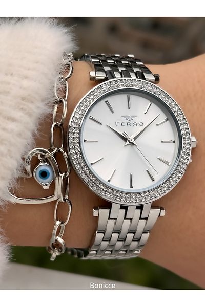 FERRO Brand Silver Color Steel Cord, Rhinestone Case Women's Wristwatch Heart Bracelet