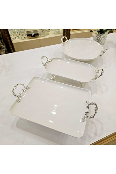 MaviDamla 3 PARÇA KLASİK AYAKLI PORSELEN SUNUM SETİ GÜMÜŞ