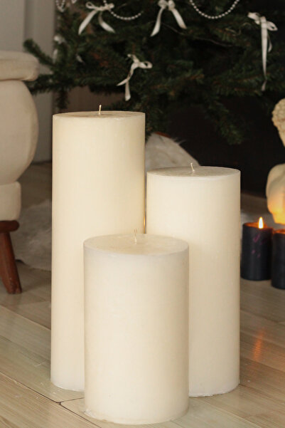 SANAT SEPET İŞLERİ Krem İskandinav Dev, Büyük Boy Silindir-Sütun-Blok Mum Set...