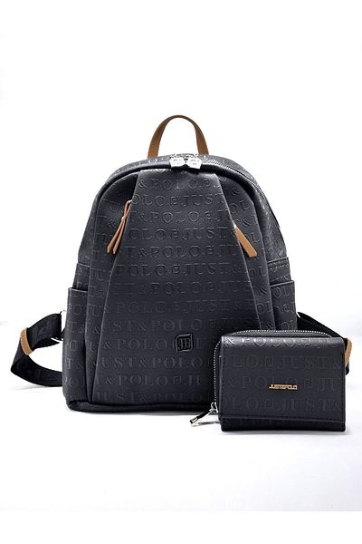 çantamgelsin Just Polo Women's Black Tan 9 Compartment Embossed Printed Backpack and Wallet Combination