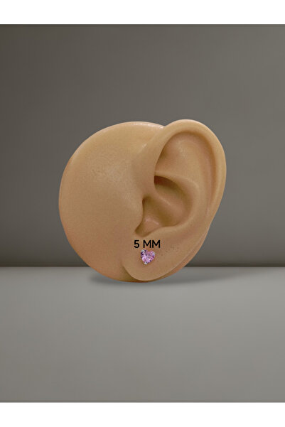 Kjewelry 925 Ayar Gümüş Zirkon Tektaş Pembe Kalp Küpe ( 1 Çift )