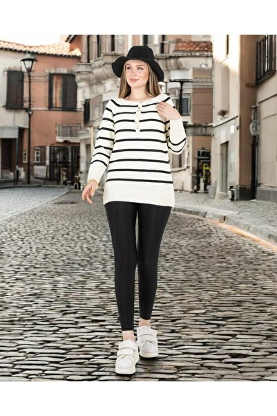 Sortie Ecru Color Striped Wide Placket Collar Sweater