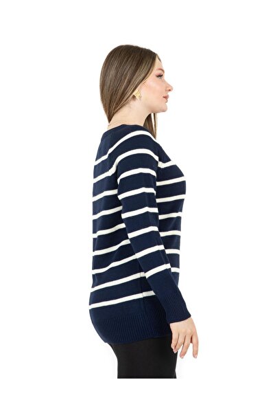 Sortie Navy Blue Striped Wide Collar Sweater
