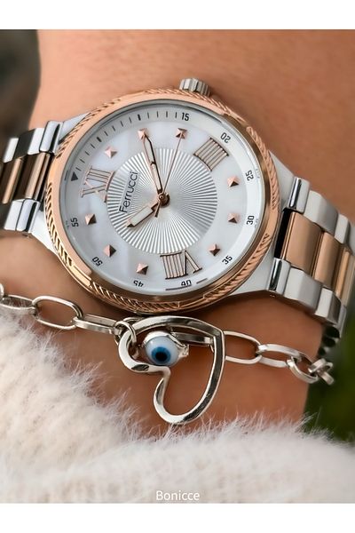 Ferrucci Brand Steel Cord, Silver Rose Color Women's Wristwatch Heart Bracelet