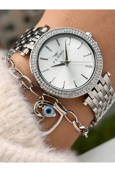 FERRO Brand Silver Color Steel Cord, Rhinestone Case Women's Wristwatch Heart Bracelet