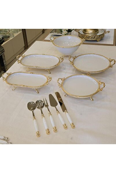 AlyaHomeAksesuar Metal Çerçeveli Ayaklı Kaseli 10 Parça Porselen Sunum Seti Gold