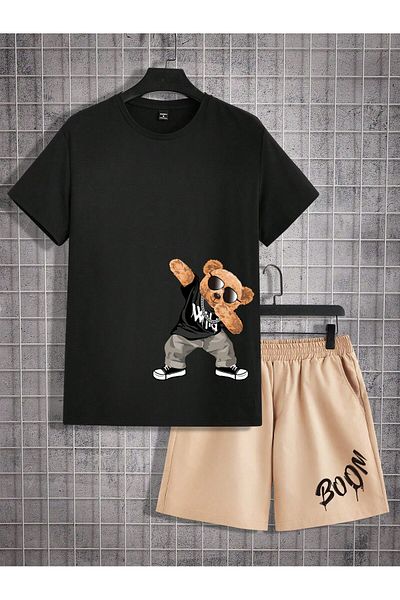 Alviora Oversize Boom Bear Printed Unisex Shorts T-Shirt Bottom Top Set