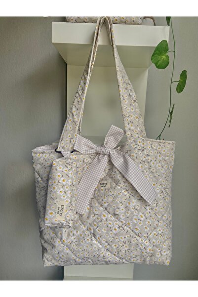 Cherry tote bag Bej Çıtır Çiçek Kol Çantası Ve Mini Cüzdan