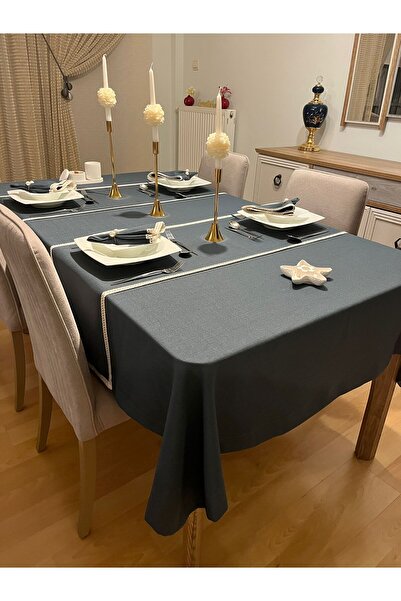 Zeren Home Assos Premium Antrasit Dertsiz Masa Örtüsü + Dantelli 6 Peçete