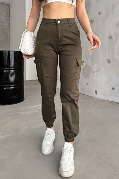 Genel Markalar Yüksek Bel Düğmeli Fermuarlı Kargo Cepli Paçası Lastikli Düğmeli Fermuarlı Pamuklu Jogger Pantolon