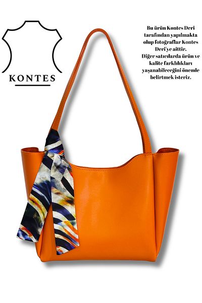 Kontes Women's Orange Shopper Hand and Shoulder Bag with Scarf, Zipper and Snap Closure