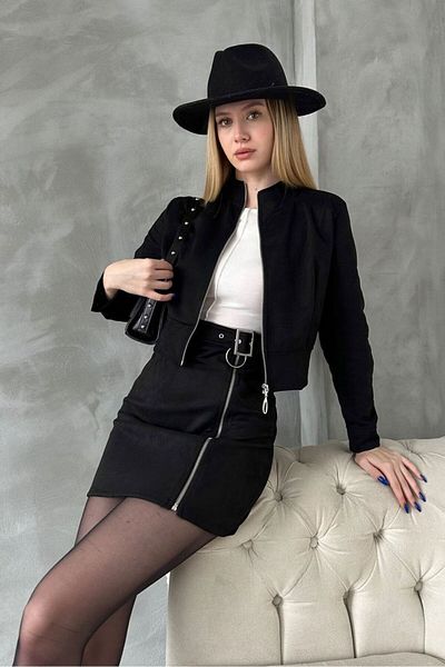 GNSGİYİM Jachetă Crop Model din piele intoarsa - Lungimea cu fermoar și butoni pe mâneci