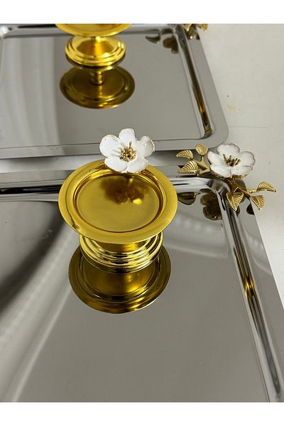 SEVA ÇELİK White Floral Print Celik Square Presentation Tray and Gold Macarons 3 Piece Set