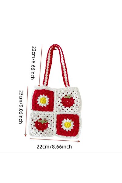 Kadın Girişimciler Atölyesi Strawberry Daisy Motif Model Handmade Knitted 100% Cotton Trendy Women's Handbag