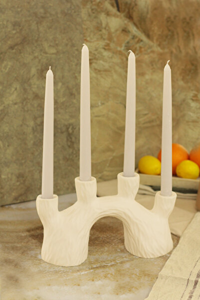 SANAT SEPET İŞLERİ Bej İskandinav Tarzı Büyük 4 Kollu Odun Beton Şamdan - 4'l...