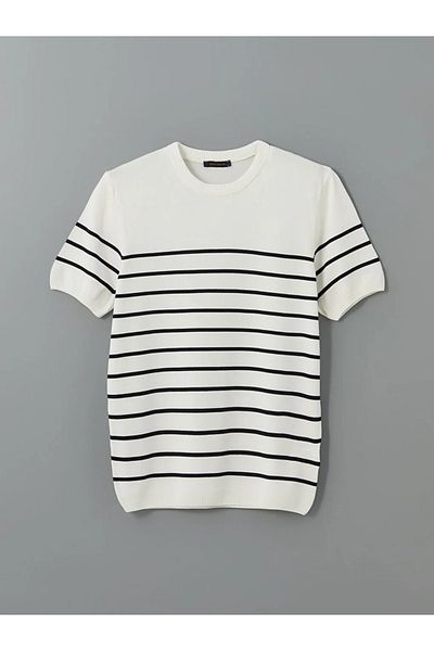 LC Waikiki Southblue Ecru Crew Neck Short Sleeve Striped Men's Knitwear Sweater