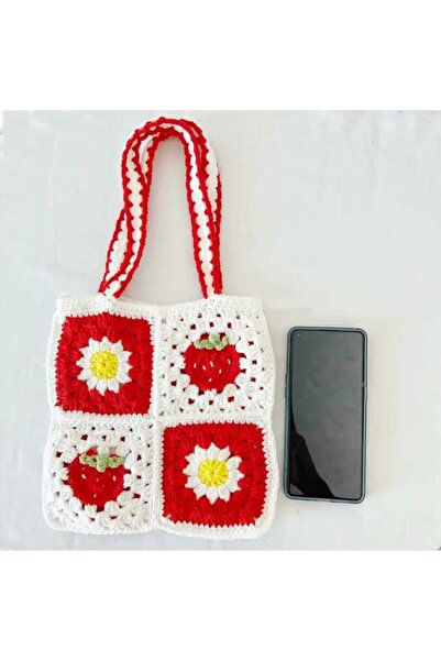 Kadın Girişimciler Atölyesi Strawberry Daisy Motif Model Handmade Knitted 100% Cotton Trendy Women's Handbag