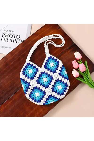 Kadın Girişimciler Atölyesi Deniz Mavi Motifli Model Handmade Örgü % 100 Cotton Trend Kadın El Çantası