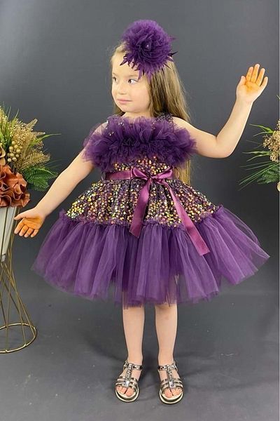 Mnk Baby&Kids Purple Sequined Bouquet Model Girl's Evening Dress - Mnk0516