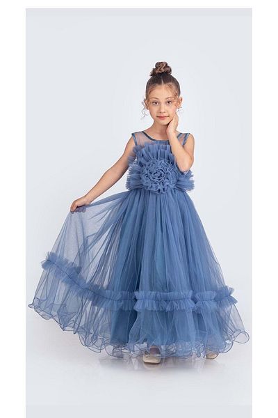 Mnk Baby&Kids Rochie de seară pentru fetiță, cu bretele, cu motiv trandafir, până la podea M00670 ALBASTRU ÎNCHIS