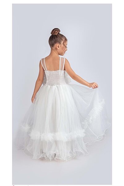 Mnk Baby&Kids Rochie de seara pentru fete cu fusta lunga si bretele cu motiv trandafir M00670 ALB