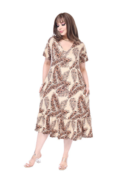 MELSAY Kadın V yaka Kısa Kol Ekru Başak Desen Robalı Elbise