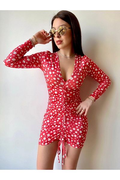 Moka Shopin Mokashopin Women's V-Neck Front Elevator Drawstring Detail Deal Product Polka Dot Mini Dress