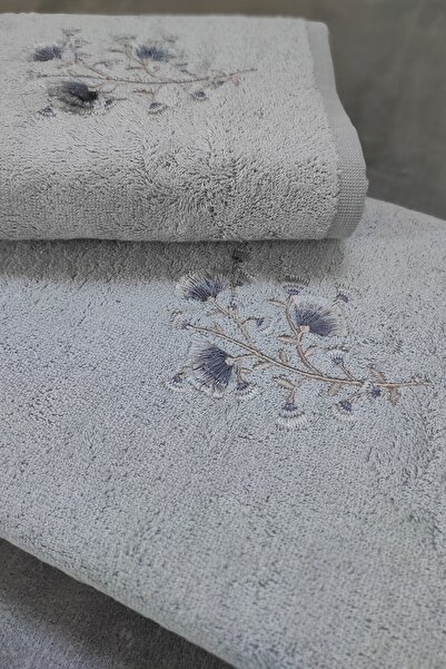 Sevim 2-Piece Bamboo Bath Towel Set - Floral Pattern & Embroidered - 2-Piece Dowry Set - Tivoli Lisette - Gray