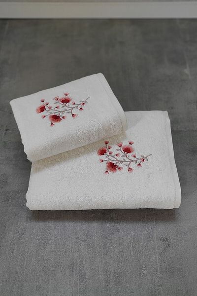 Sevim Set of 2 Bath Towels - Bamboo & Embroidered Bath Towel Set - Dowry Set of 2 - Tivoli Lisette - Ecru