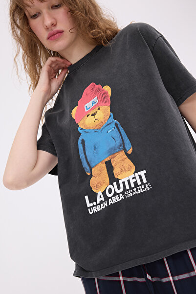 Addax Tricou cu imprimeu ursuleț cu guler rotund P10386