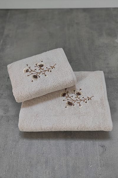 Sevim Bamboo Bath Towel Set - Soft and Embroidered Dowry Set of 2 - Tivoli Lisette Cappuccino