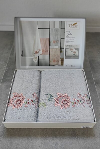 Sevim Πετσέτες μπάνιου Tivoli Bamboo 2 τεμαχίων, - Μαλακές & Υψηλής Απορρόφησης Νερού - Σετ προίκας με κέντημα λουλουδιών - Julia Grey