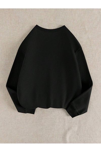 MODARİCH Winter Black Oversize Sweatshirt - as Cards Printed, Raised Crew Neck